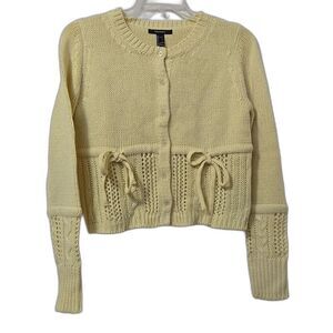 Forever 21 Womens Pale Yellow Cardigan Sweater Cottagecore Open Knit Size LARGE